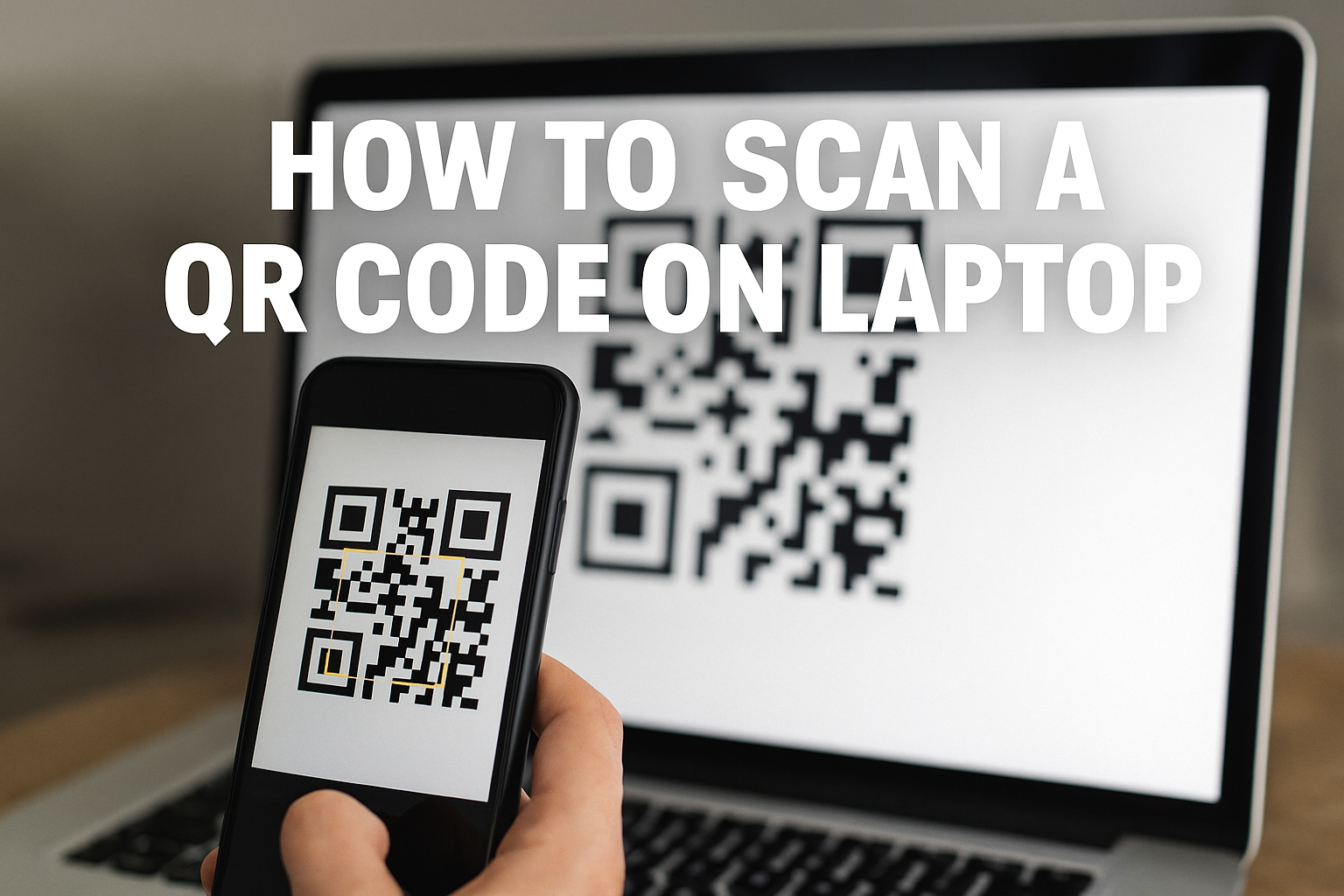 A person's hand holding a smartphone pointed at a QR code displayed on a laptop screen, with other icons representing webcams and online tools in the background